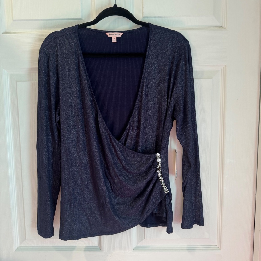 Juicy Couture Embellished Wrap Top Women XL‎ Black Iris Metallic Rhinestone NEW